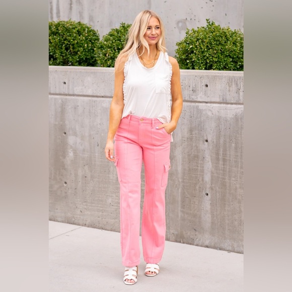 Judy Blue Pretty In Pink High Rise Cargo Straight Jeans - Picture 6 of 14